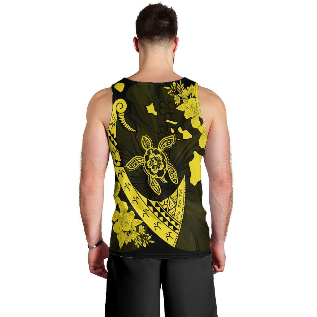 Hawaiian Map Hibiscus Turtle Fish Hook Polynesian Tank Top Yellow - AH - Polynesian Pride