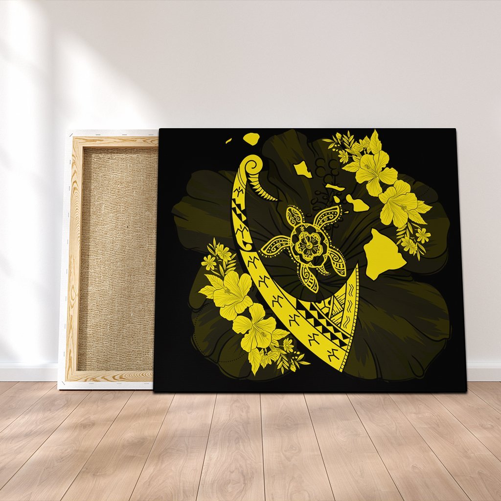 Hawaiian Map Hibiscus Turtle Fish Hook Polynesian Canvas Yellow - AH Canvas Poly-cotton - Polynesian Pride