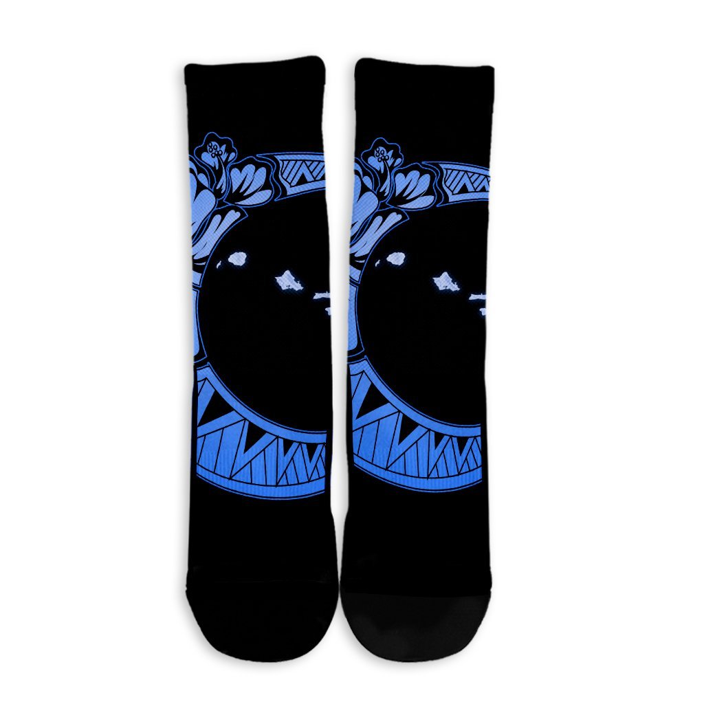 Hawaiian Map Hibiscus Turtle Polynesian Moon Crew Socks Blue - AH - Polynesian Pride