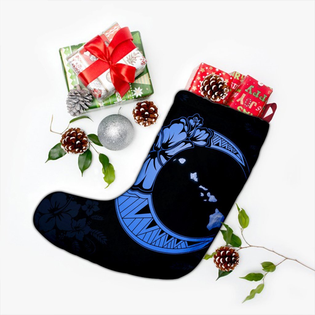 Hawaiian Map Hibiscus Turtle Polynesian Moon Christmas Stocking Blue - AH - Polynesian Pride