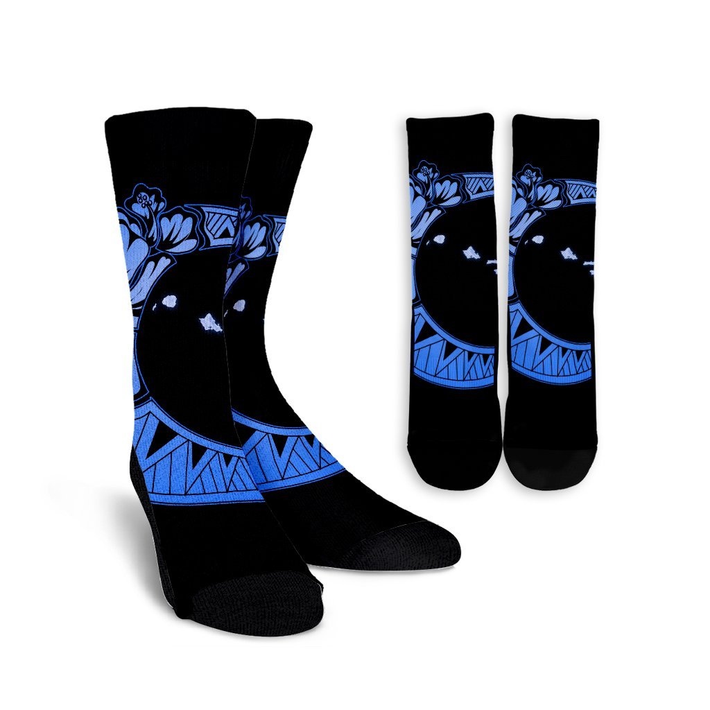 Hawaiian Map Hibiscus Turtle Polynesian Moon Crew Socks Blue - AH Crew Socks White - Polynesian Pride