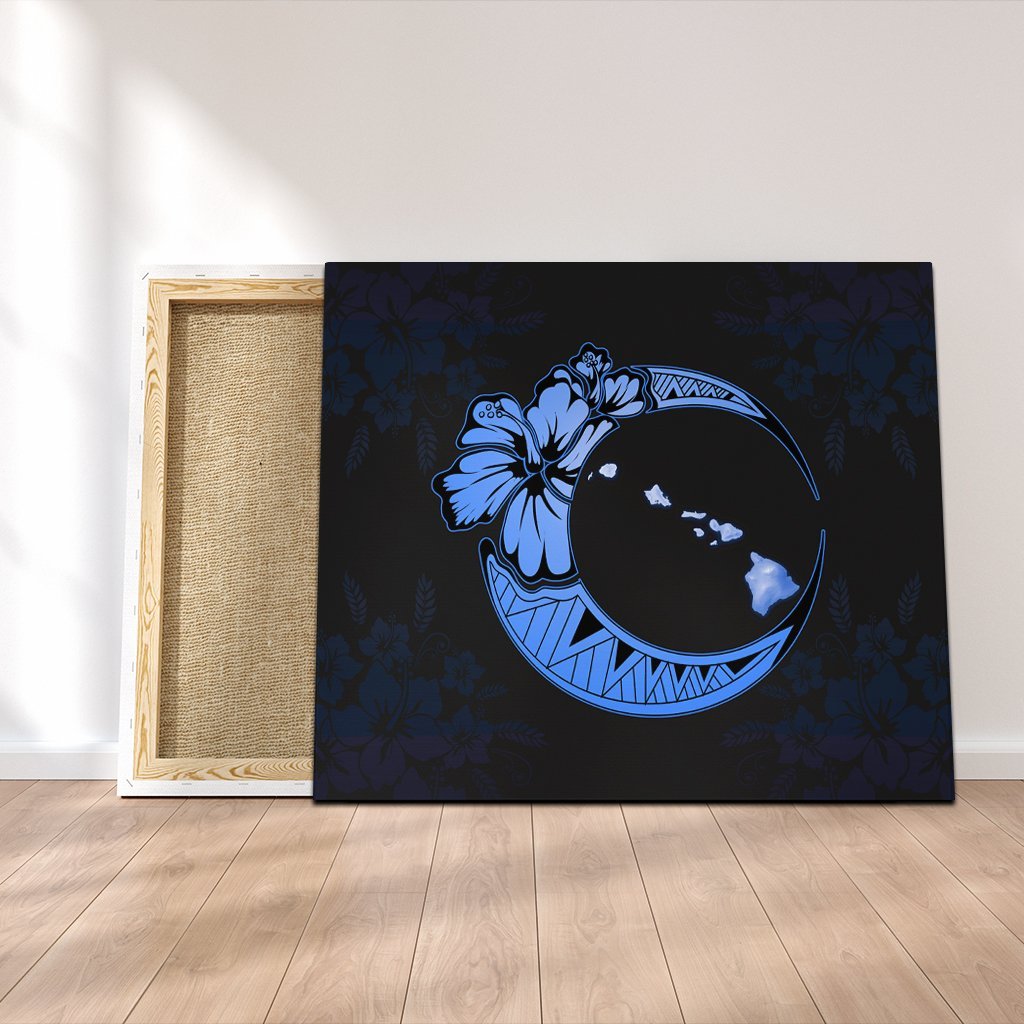Hawaiian Map Hibiscus Turtle Polynesian Moon Canvas Blue - AH Canvas Poly-cotton - Polynesian Pride
