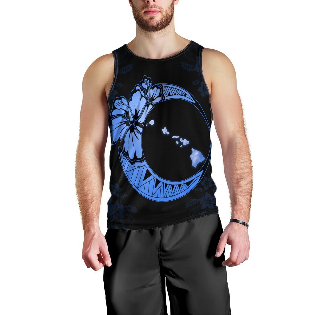 Hawaiian Map Hibiscus Turtle Polynesian Moon Tank Top Blue - AH Black - Polynesian Pride