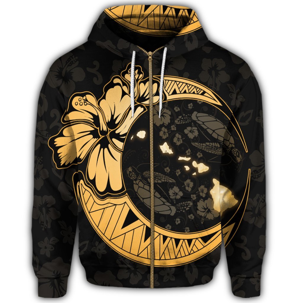 Hawaiian Map Hibiscus Turtle Polynesian Moon Zip Hoodie Gold - Polynesian Pride