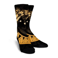 Hawaiian Map Hibiscus Turtle Polynesian Moon Crew Socks Gold - AH - Polynesian Pride