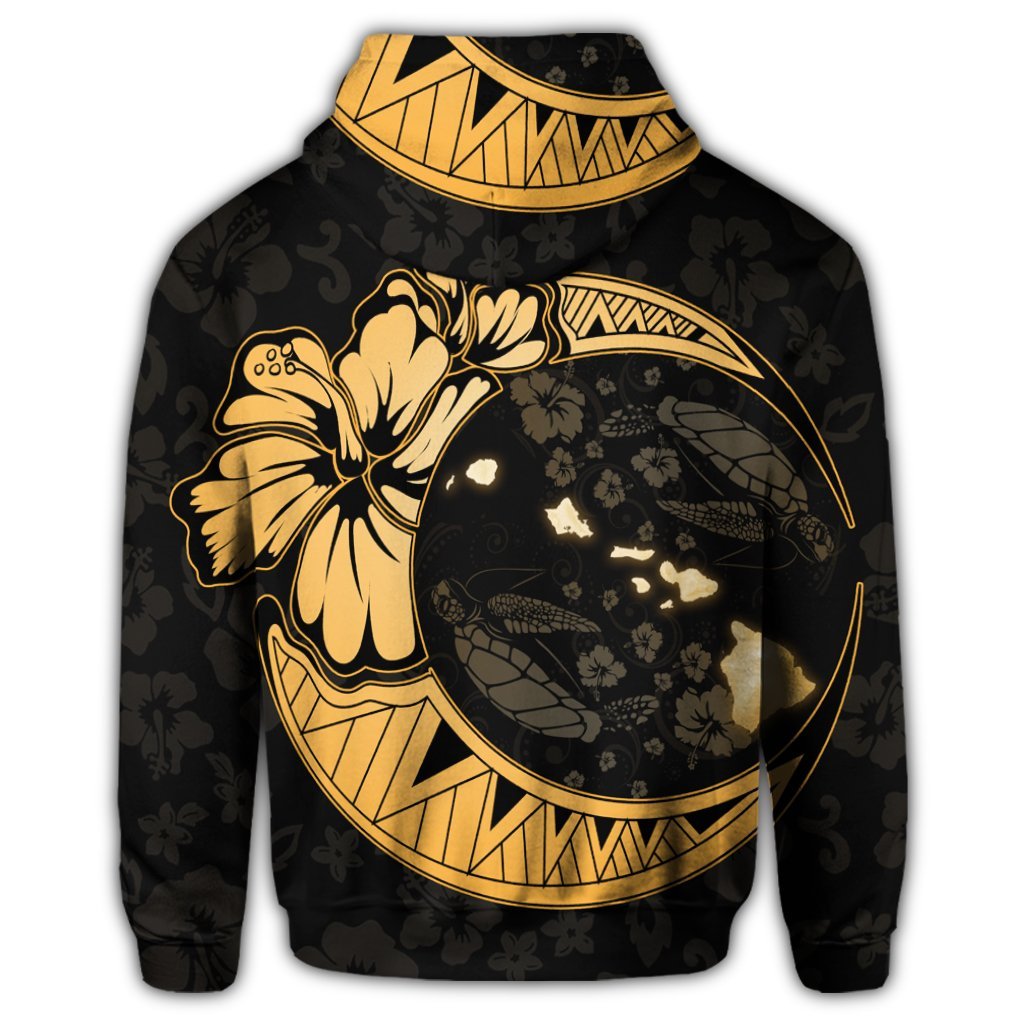 Hawaiian Map Hibiscus Turtle Polynesian Moon Zip Hoodie Gold - Polynesian Pride