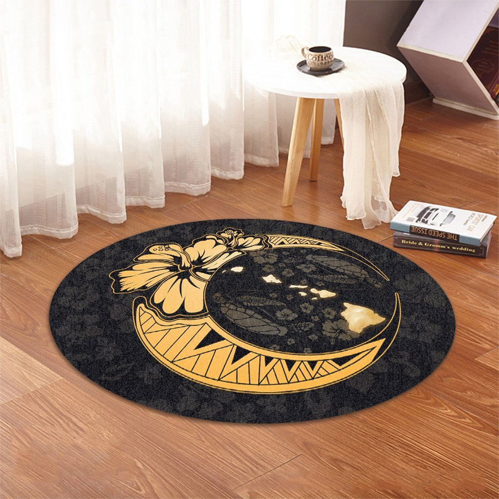 Hawaiian Map Hibiscus Turtle Polynesian Moon Round Carpet Gold - AH - Polynesian Pride