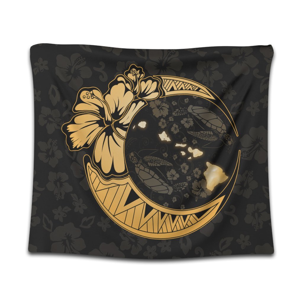 Hawaiian Map Hibiscus Turtle Polynesian Moon Tapestry Gold - AH Wall Tapestry Black - Polynesian Pride