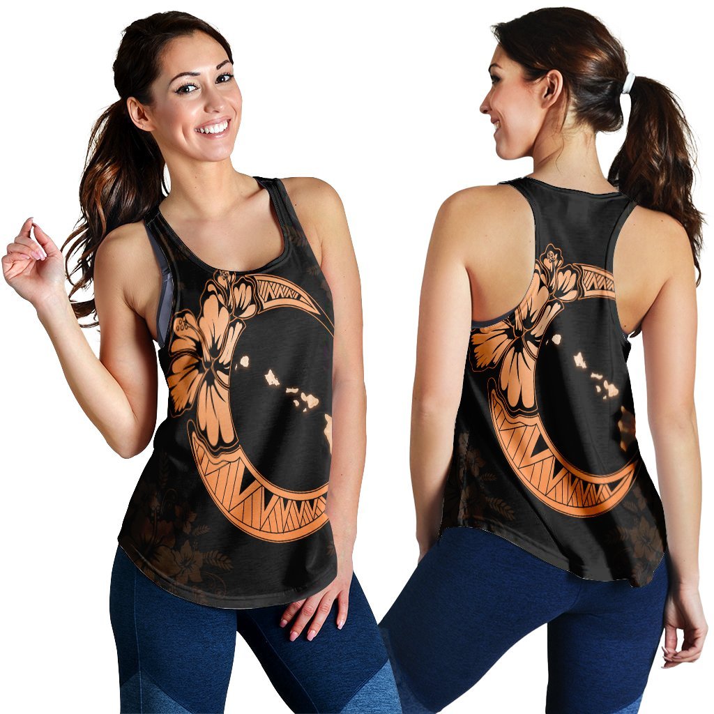 Hawaiian Map Hibiscus Turtle Polynesian Moon Racerback Tank Orange - AH Black - Polynesian Pride