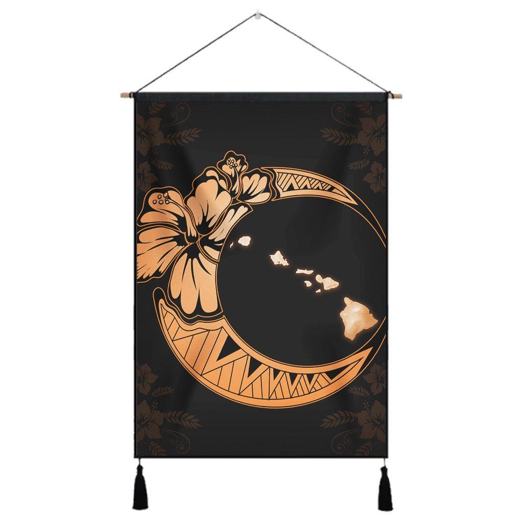 Hawaiian Map Hibiscus Turtle Polynesian Moon Hanging Poster Orange - AH Hanging Poster Cotton And Linen - Polynesian Pride