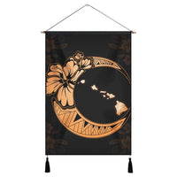 Hawaiian Map Hibiscus Turtle Polynesian Moon Hanging Poster Orange - AH Hanging Poster Cotton And Linen - Polynesian Pride