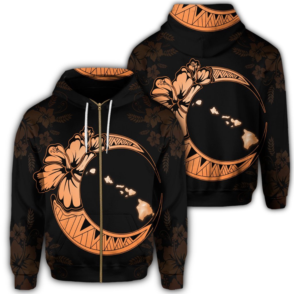Hawaiian Map Hibiscus Turtle Polynesian Moon Zip Hoodie Orange Unisex Art - Polynesian Pride