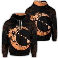Hawaiian Map Hibiscus Turtle Polynesian Moon Zip Hoodie Orange Unisex Art - Polynesian Pride