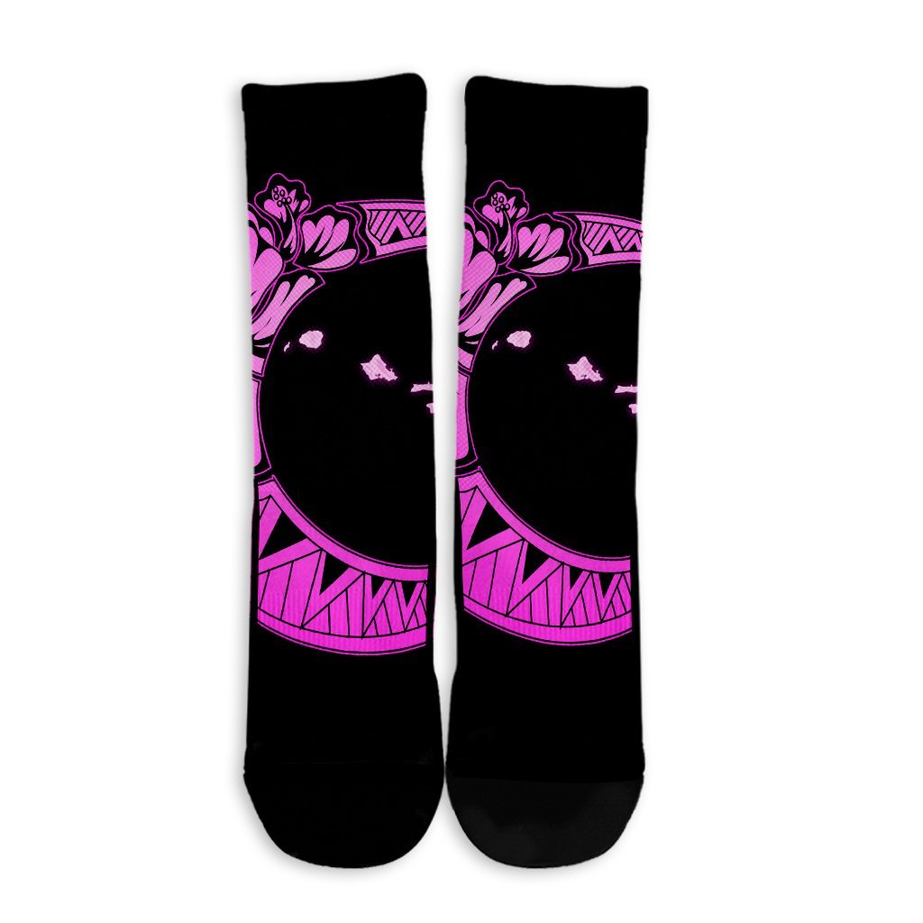 Hawaiian Map Hibiscus Turtle Polynesian Moon Crew Socks Pink - AH - Polynesian Pride