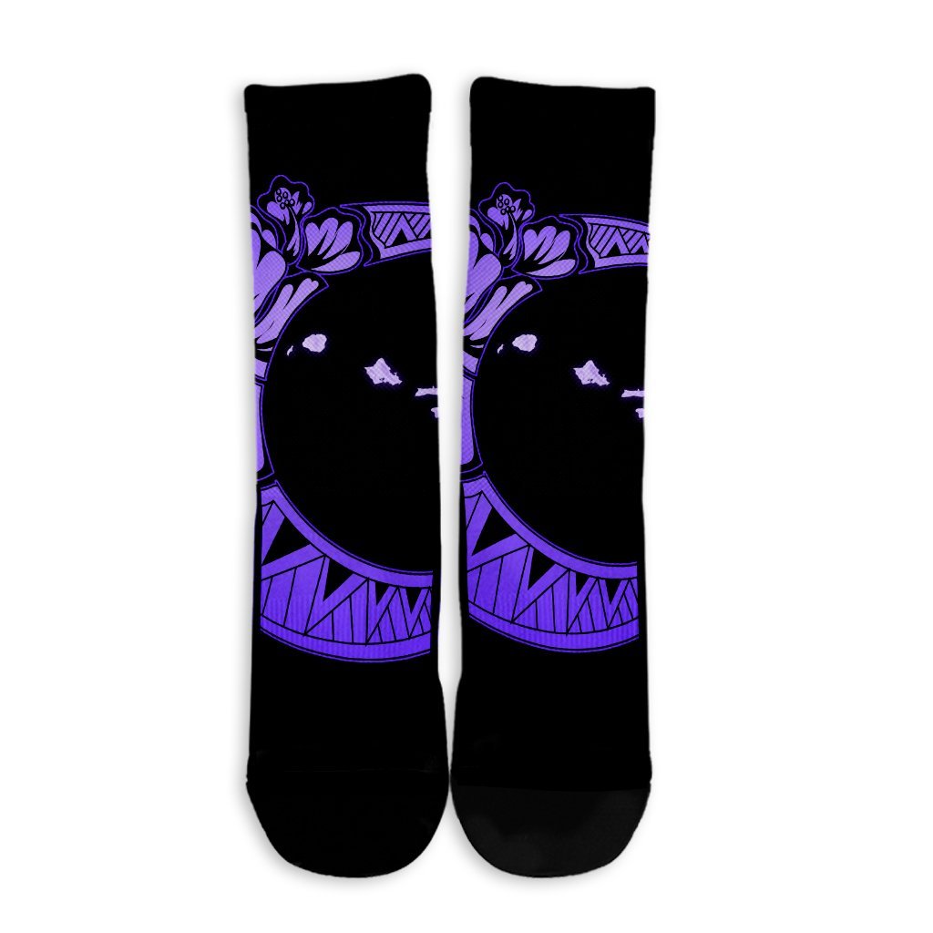 Hawaiian Map Hibiscus Turtle Polynesian Moon Crew Socks Purple - AH - Polynesian Pride
