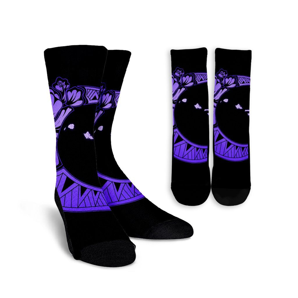 Hawaiian Map Hibiscus Turtle Polynesian Moon Crew Socks Purple - AH Crew Socks White - Polynesian Pride