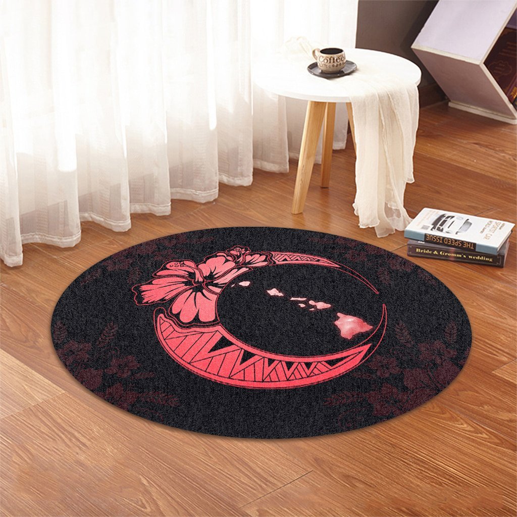 Hawaiian Map Hibiscus Turtle Polynesian Moon Round Carpet Red - AH - Polynesian Pride