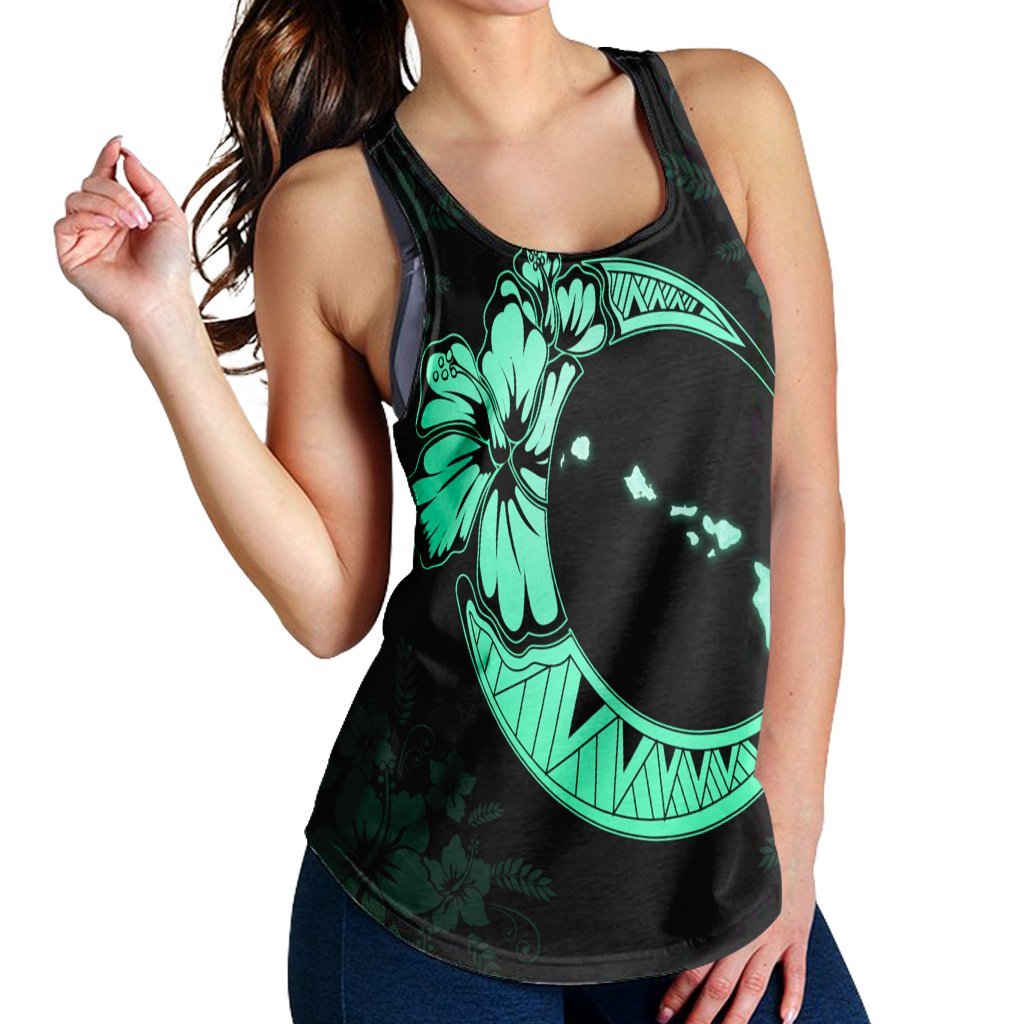 Hawaiian Map Hibiscus Turtle Polynesian Moon Racerback Tank Turquoise - AH - Polynesian Pride