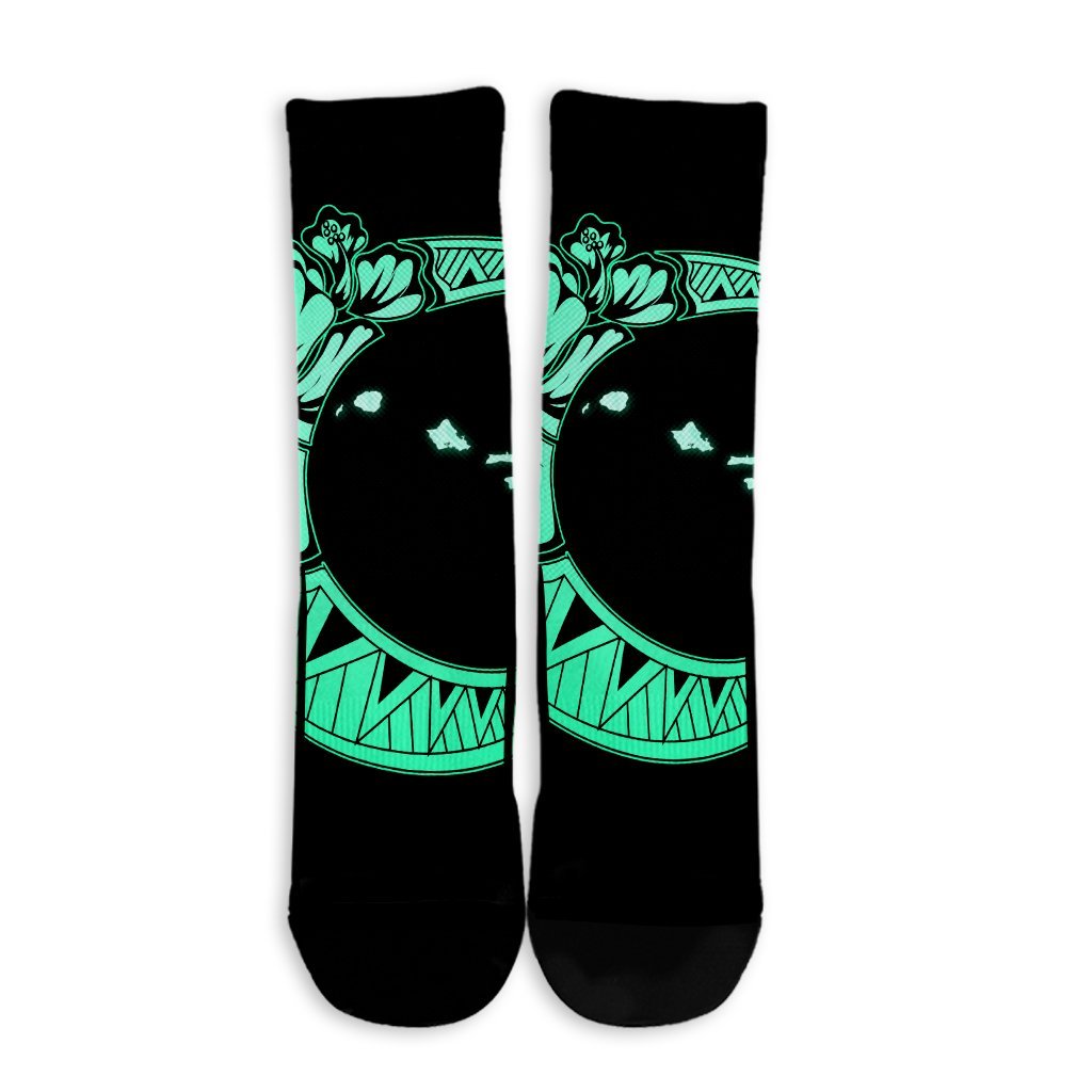 Hawaiian Map Hibiscus Turtle Polynesian Moon Crew Socks Turquoise - AH - Polynesian Pride