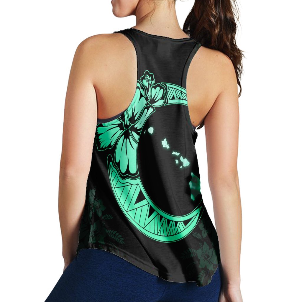 Hawaiian Map Hibiscus Turtle Polynesian Moon Racerback Tank Turquoise - AH - Polynesian Pride