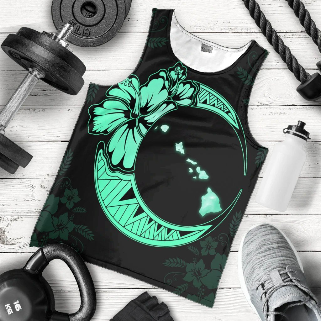 Hawaiian Map Hibiscus Turtle Polynesian Moon Tank Top Turquoise - AH - Polynesian Pride