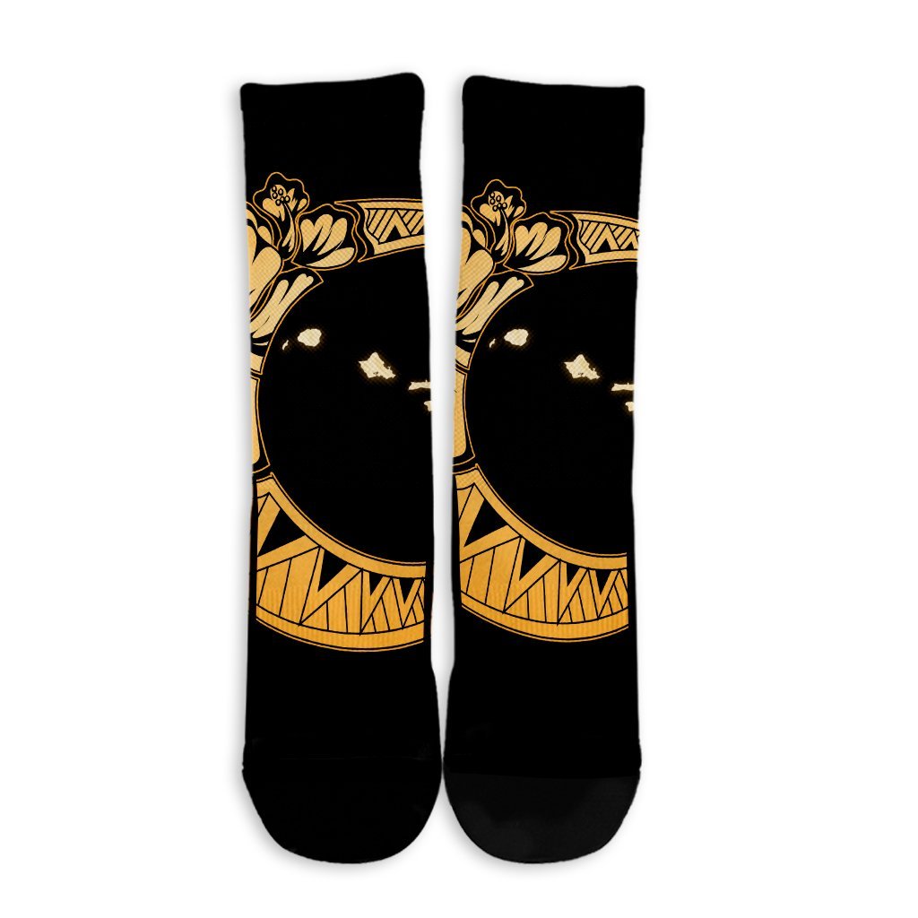 Hawaiian Map Hibiscus Turtle Polynesian Moon Crew Socks Yellow - AH - Polynesian Pride
