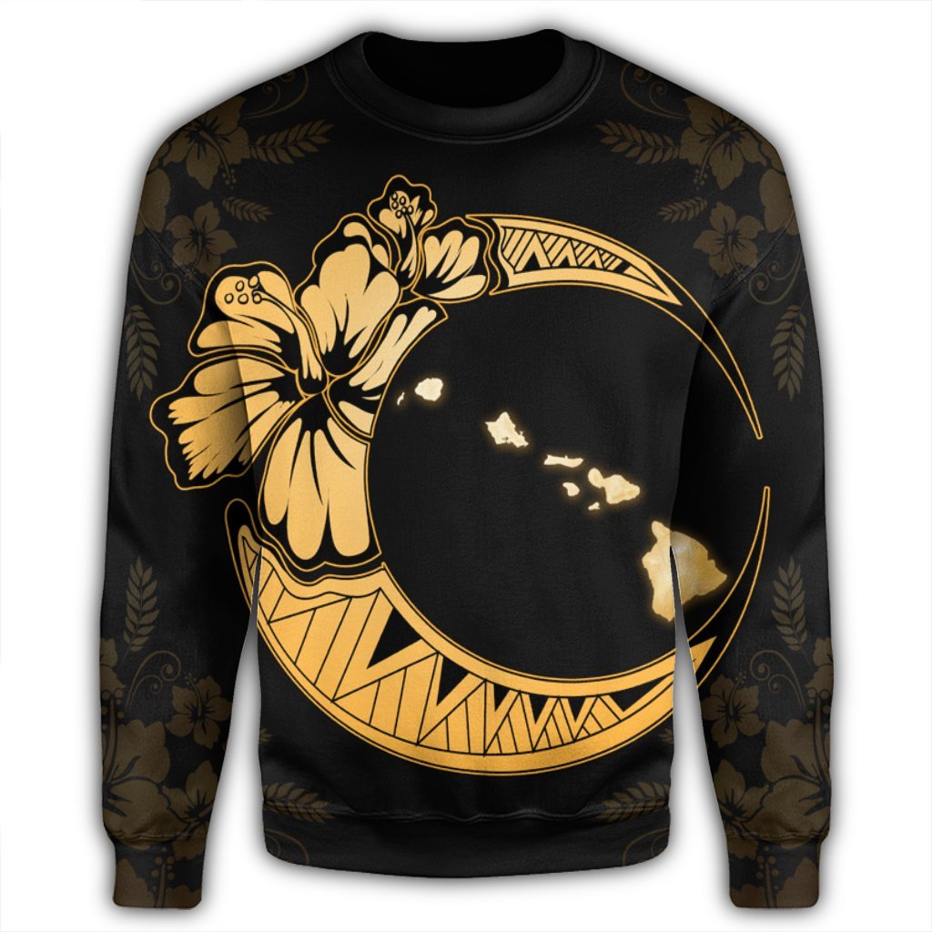 Hawaiian Map Hibiscus Turtle Polynesian Moon Sweatshirt Yellow - AH - Polynesian Pride