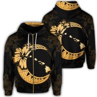 Hawaiian Map Hibiscus Turtle Polynesian Moon Zip Hoodie Yellow Unisex Art - Polynesian Pride