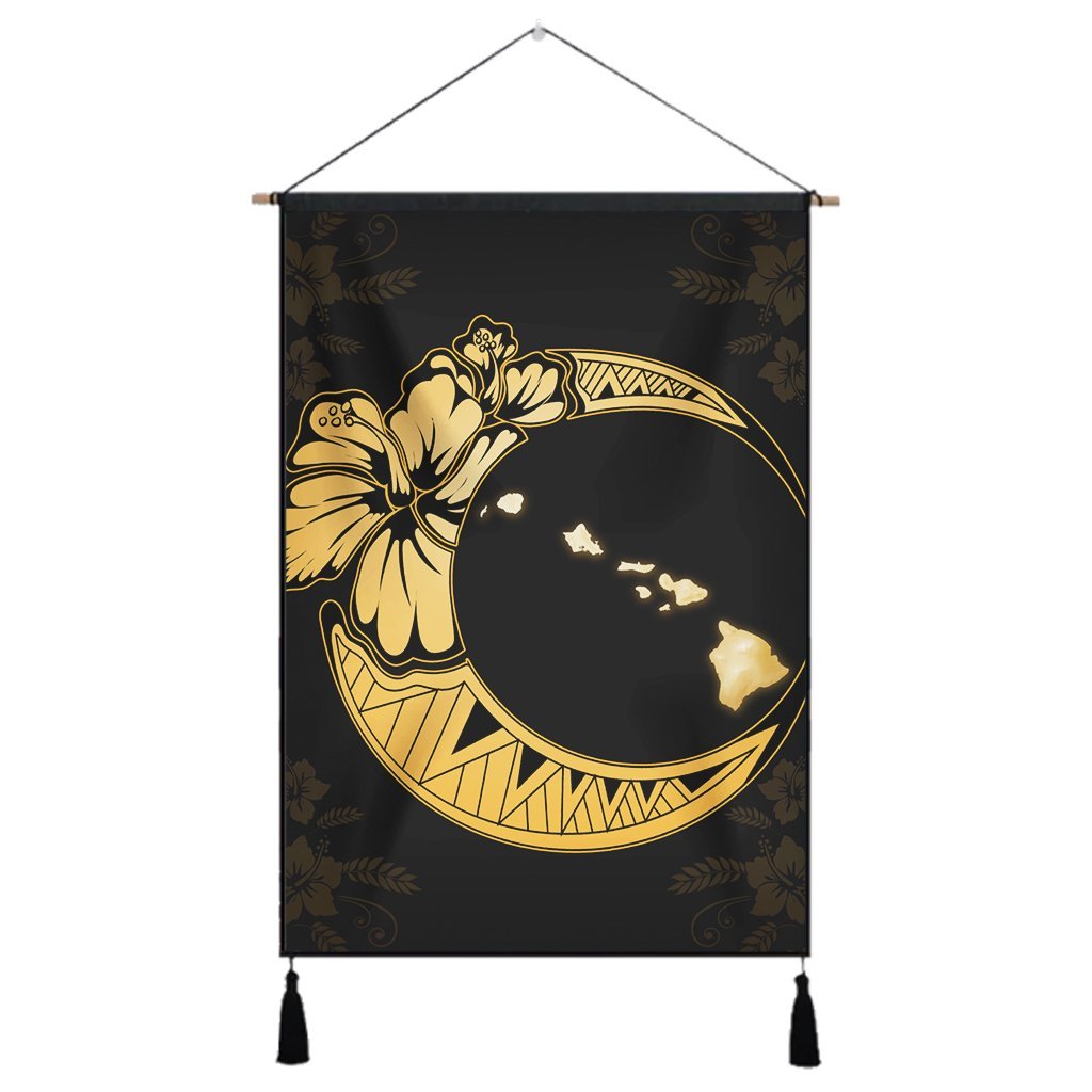 Hawaiian Map Hibiscus Turtle Polynesian Moon Hanging Poster Yellow - AH Hanging Poster Cotton And Linen - Polynesian Pride
