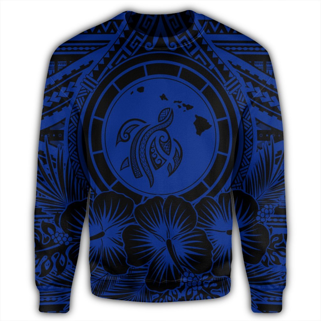 Hawaiian Map Honu Hibiscus Tropic Blue Polynesian Sweatshirt - AH - Polynesian Pride