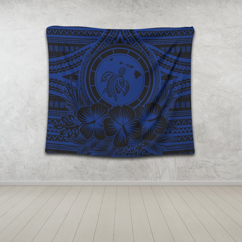 Hawaiian Map Honu Hibiscus Tropic Blue Polynesian Tapestry - AH - Polynesian Pride