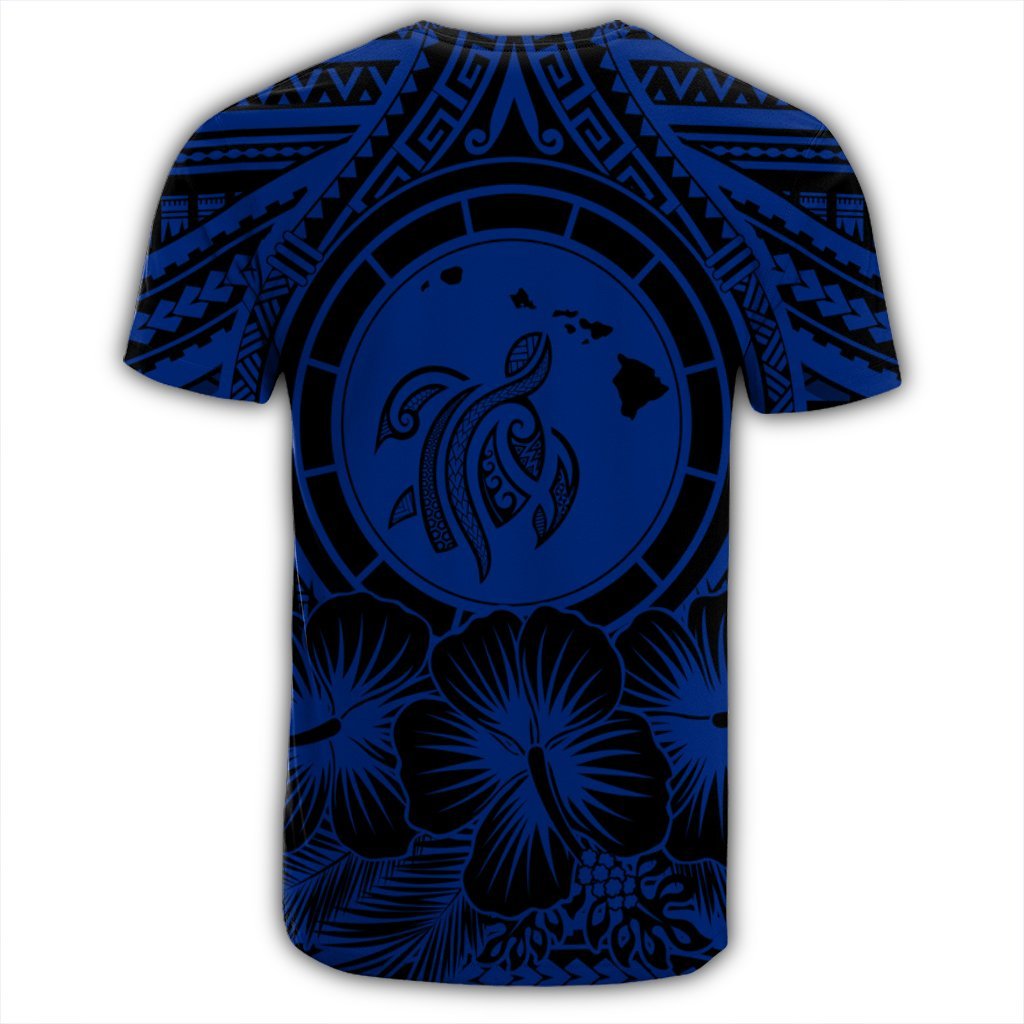 Hawaiian Map Honu Hibiscus Tropic Blue Polynesian T Shirt - Polynesian Pride