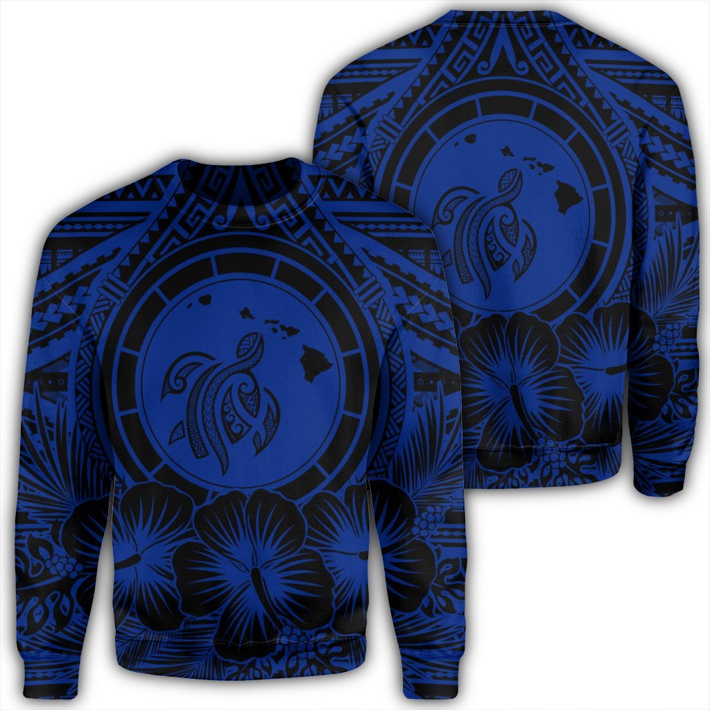Hawaiian Map Honu Hibiscus Tropic Blue Polynesian Sweatshirt - AH Unisex Black - Polynesian Pride