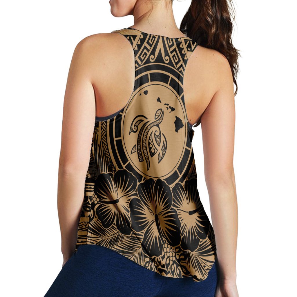 Hawaiian Map Honu Hibiscus Tropic Gold Polynesian Racerback Tank - AH - Polynesian Pride