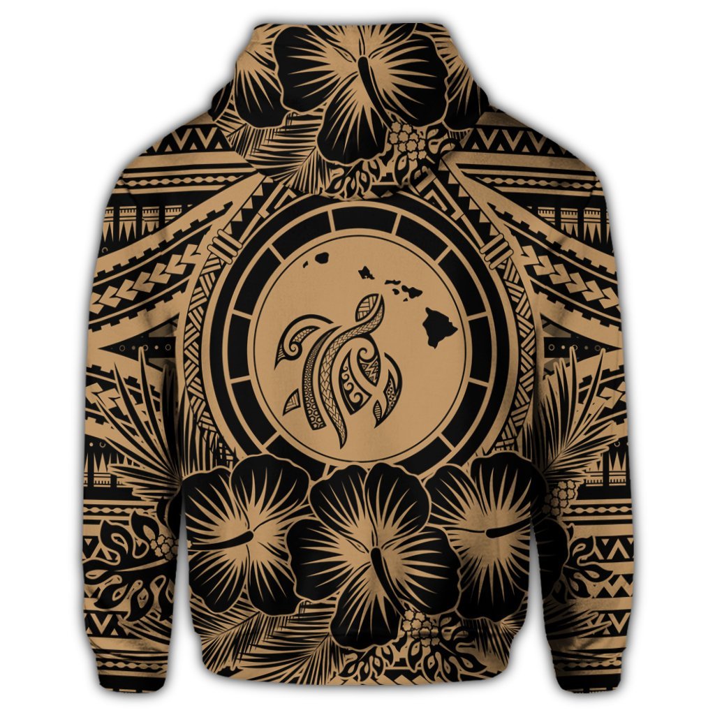 Hawaiian Map Honu Hibiscus Tropic Gold Polynesian Zip Hoodie - Polynesian Pride