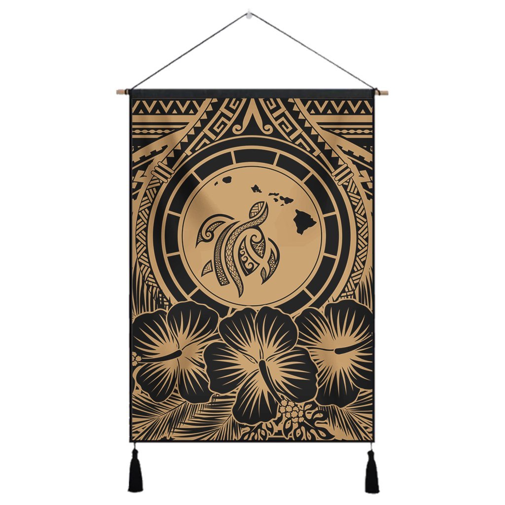 Hawaiian Map Honu Hibiscus Tropic Gold Polynesian Hanging Poster - AH Hanging Poster Cotton And Linen - Polynesian Pride
