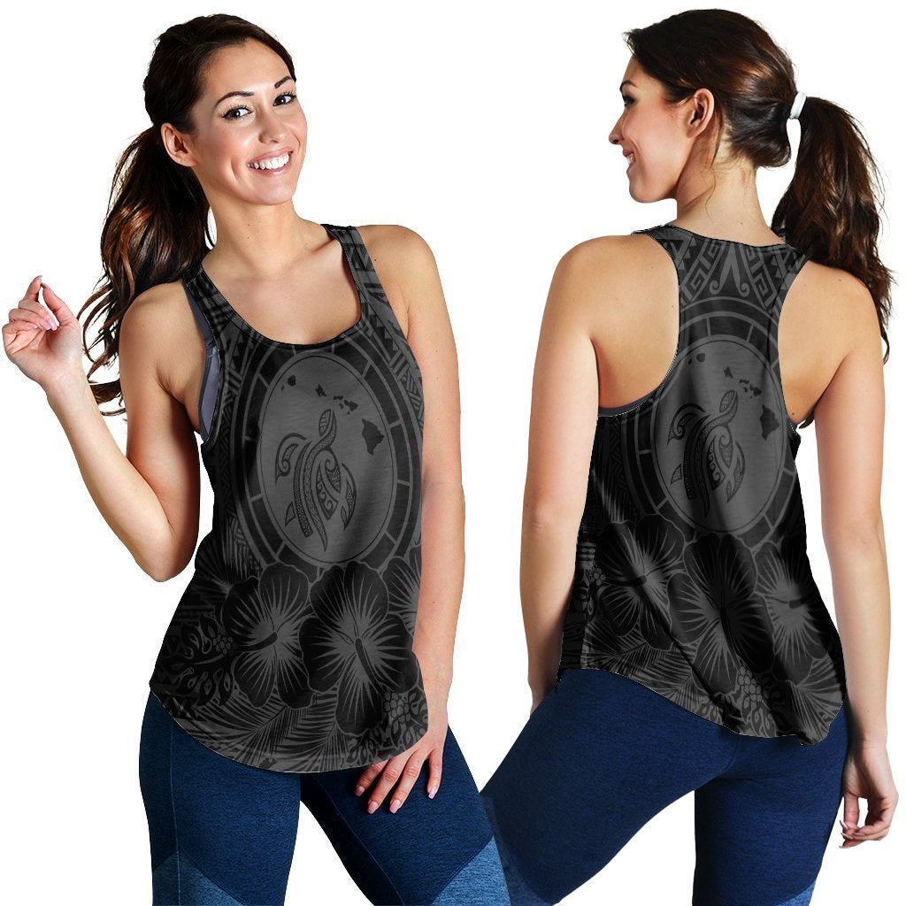 Hawaiian Map Honu Hibiscus Tropic Gray Polynesian Racerback Tank - AH Black - Polynesian Pride