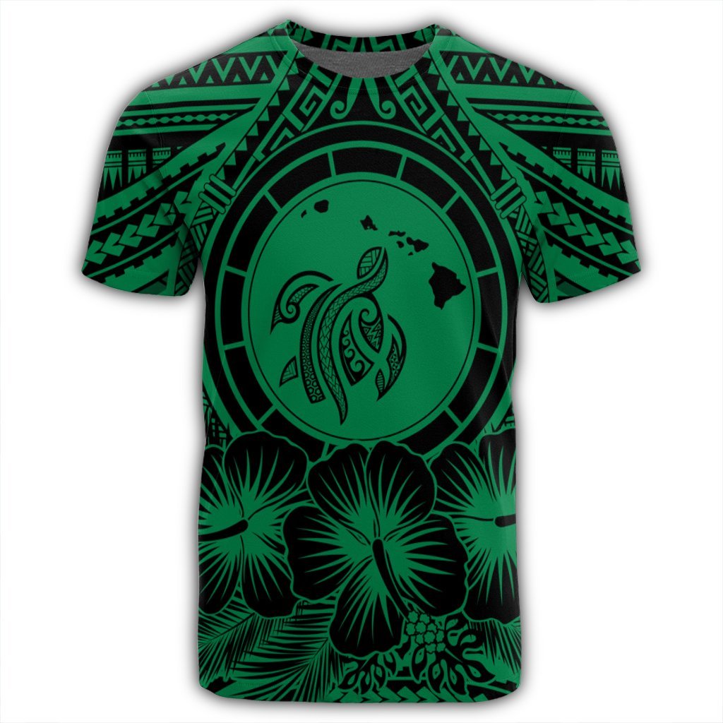 Hawaiian Map Honu Hibiscus Tropic Green Polynesian T Shirt - Polynesian Pride