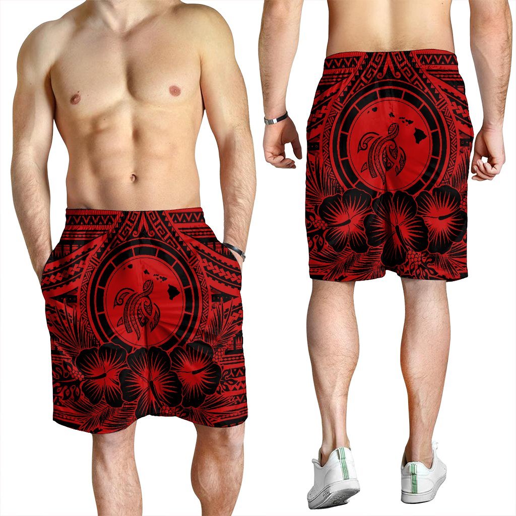 Hawaiian Map Honu Hibiscus Tropic Red Polynesian Men's Shorts - AH - Polynesian Pride