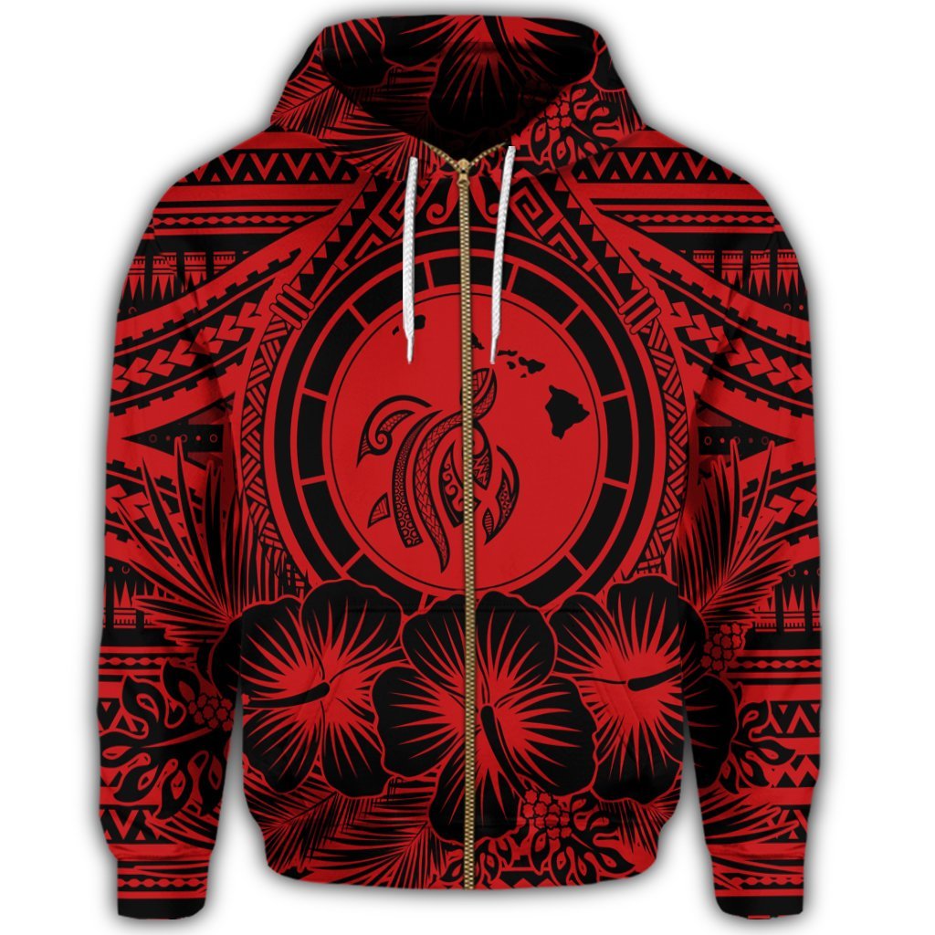 Hawaiian Map Honu Hibiscus Tropic Red Polynesian Zip Hoodie - Polynesian Pride