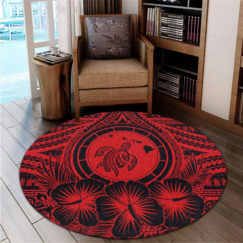 Hawaiian Map Honu Hibiscus Tropic Red Polynesian Round Carpet - AH - Polynesian Pride