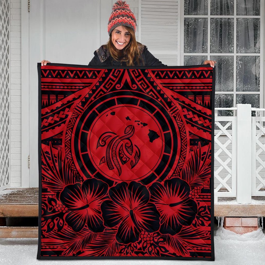 Hawaiian Map Honu Hibiscus Tropic Red Polynesian Premium Quilts - AH - Polynesian Pride