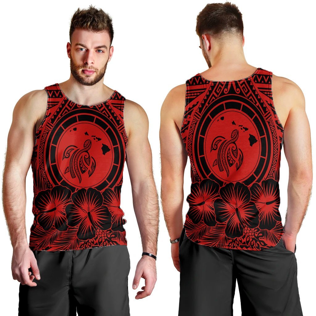 Hawaiian Map Honu Hibiscus Tropic Red Polynesian Tank Top - AH - Polynesian Pride
