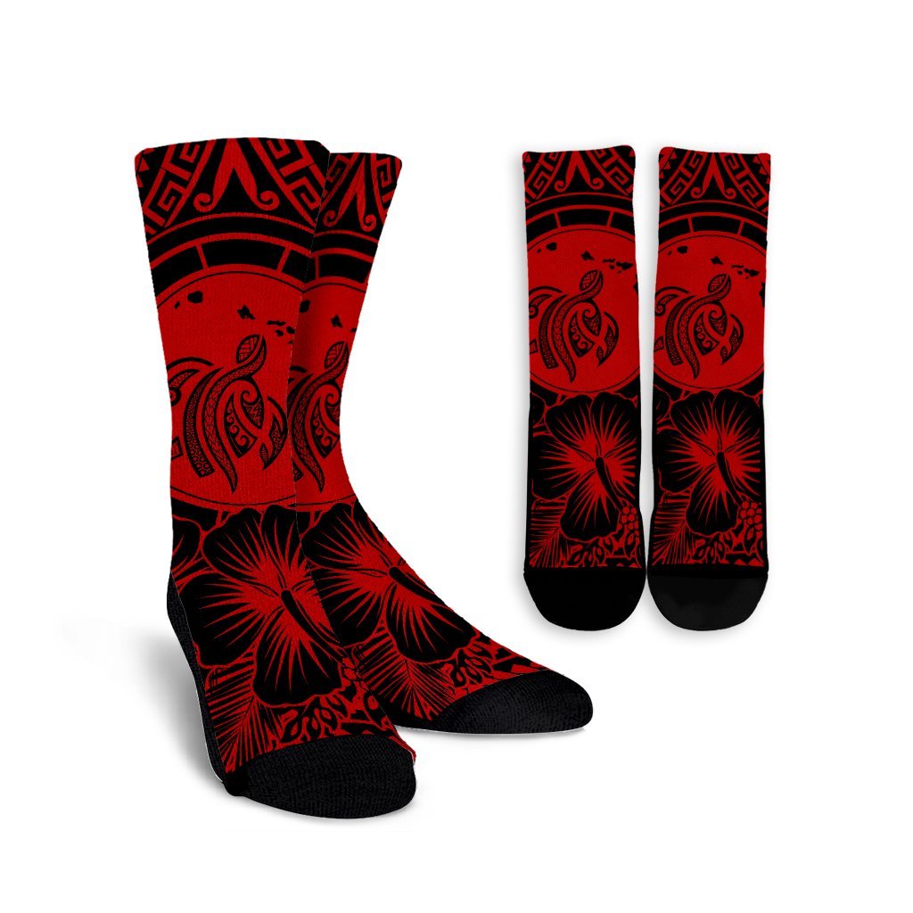 Hawaiian Map Honu Hibiscus Tropic Red Polynesian Crew Socks - AH Crew Socks White - Polynesian Pride