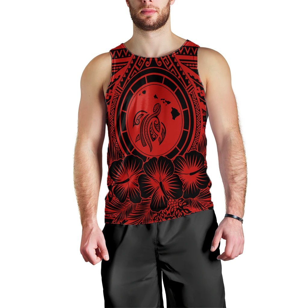Hawaiian Map Honu Hibiscus Tropic Red Polynesian Tank Top - AH Black - Polynesian Pride