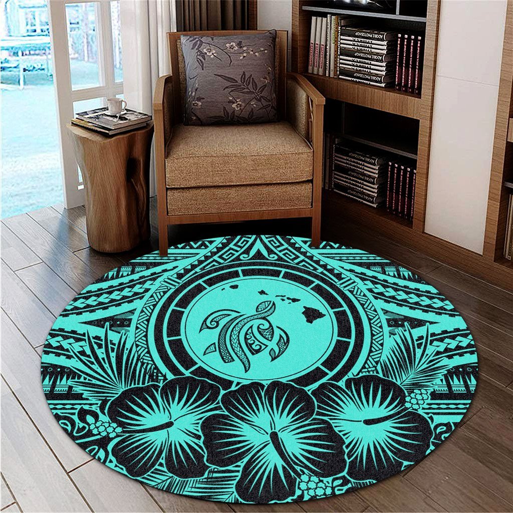 Hawaiian Map Honu Hibiscus Tropic Turquoise Polynesian Round Carpet - AH - Polynesian Pride