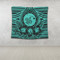 Hawaiian Map Honu Hibiscus Tropic Turquoise Polynesian Tapestry - AH - Polynesian Pride