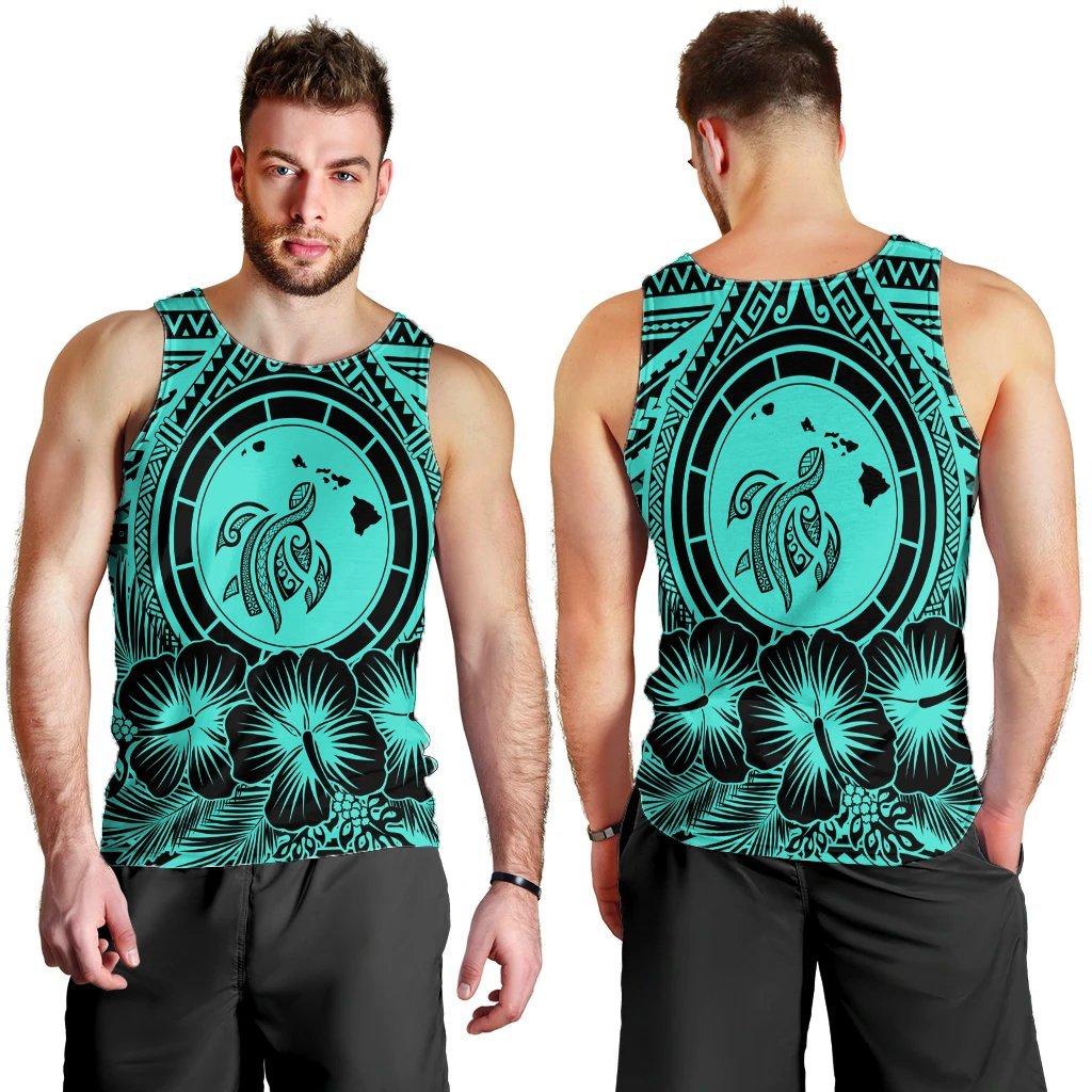 Hawaiian Map Honu Hibiscus Tropic Turquoise Polynesian Tank Top - AH - Polynesian Pride