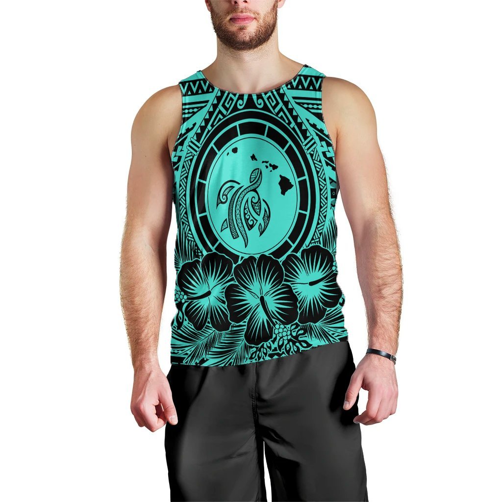 Hawaiian Map Honu Hibiscus Tropic Turquoise Polynesian Tank Top - AH Black - Polynesian Pride