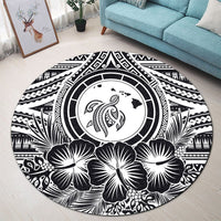Hawaiian Map Honu Hibiscus Tropic White Polynesian Round Carpet - AH - Polynesian Pride